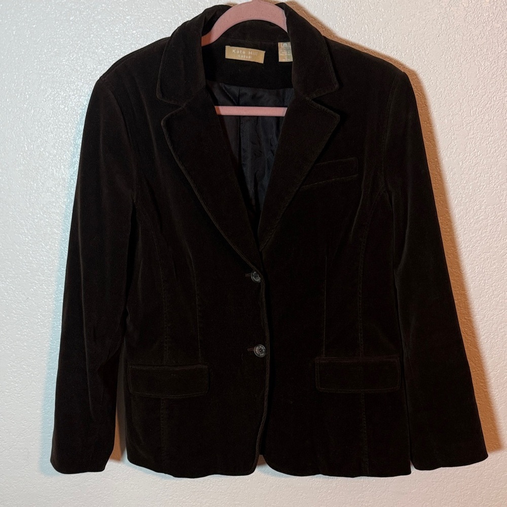 Kate Hill Chocolate Brown Velvety 2 Button Blazer Size 12 Vintage Classic